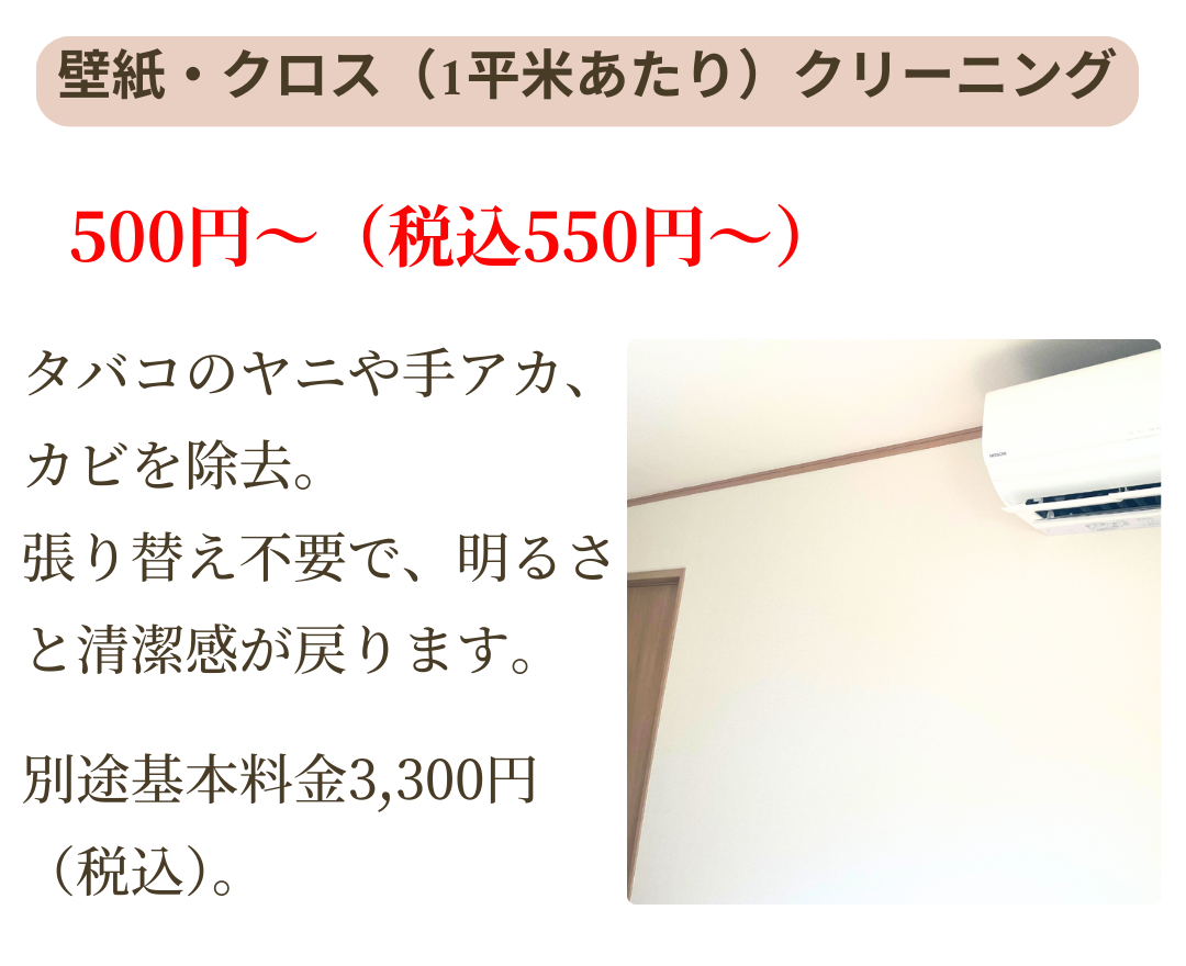 壁紙・クロスのヤニ・手あか・カビを除去するクリーニング。500円~。