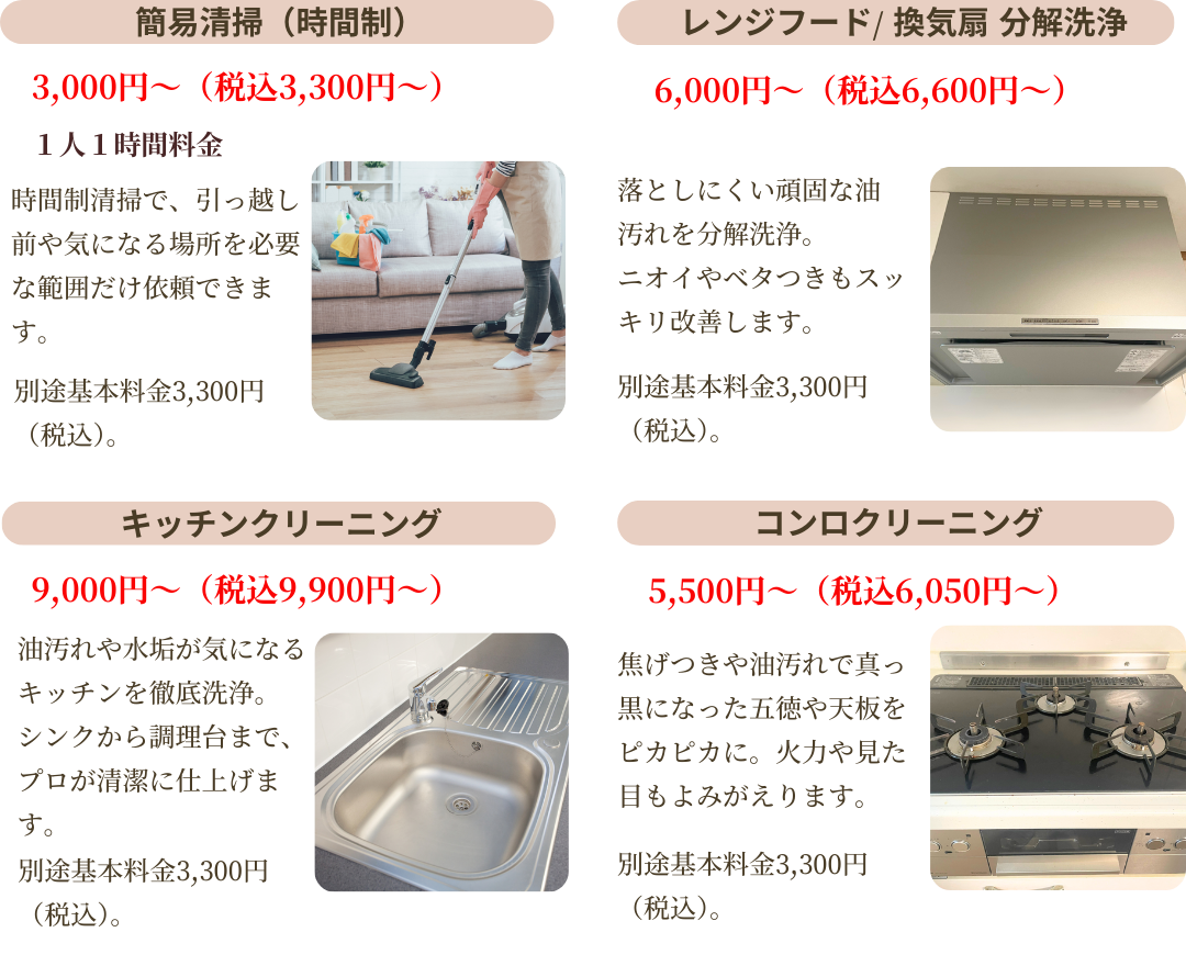簡易清掃3,000円~、キッチンクリーニング9,000円~、レンジフード/換気扇分解洗浄6,000円~、コンロクリーニング5,500円~。