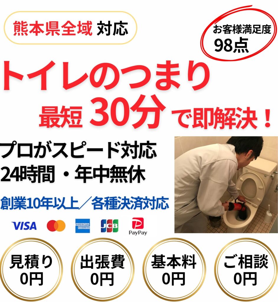 熊本県全域対応のトイレつまり修理業者。最短30分で即解決、24時間年中無休。創業10年以上・プロが専門機材で対応し、見積り・出張費・基本料はすべて0円。各種クレジット・PayPay対応。