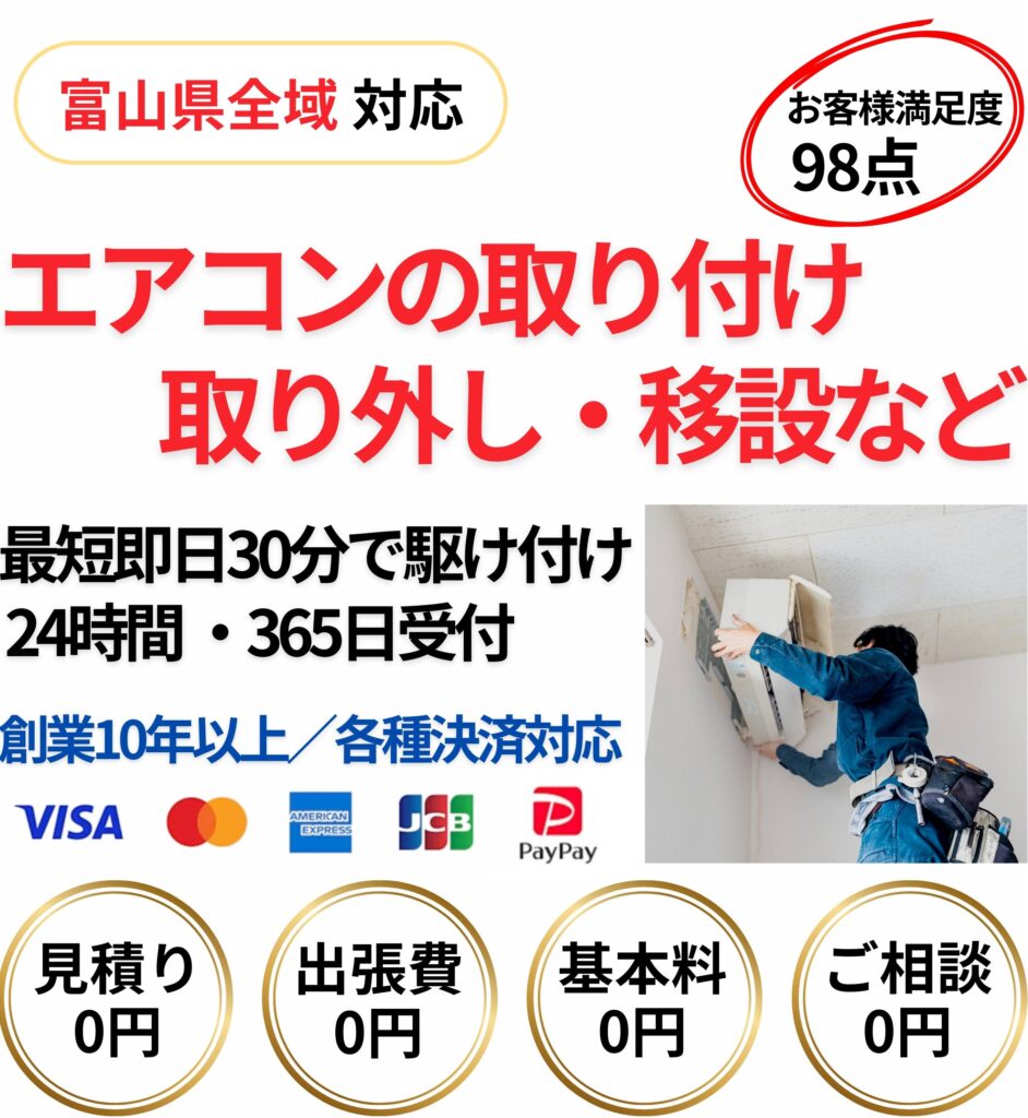 富山県全域対応のエアコン取り付け・取り外し・移設サービス。最短即日解決で、最短30分で駆け付け可能。業界最安水準でプロが対応し、創業10年・地域密着・年中無休。ご相談0円・出張費0円・現地見積0円で安心のエアコン工事専門店。スタッフが迅速に対応します。